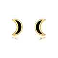 Detailed close-up of crescent moon earrings with gold finish and black enamel inlay - Black Gold Contrast Crescent Moon Stud Style (4)