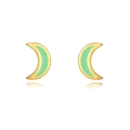 Detailed view of crescent moon stud earrings with golden edges and pale green enamel filling - Green