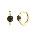 Detail view of gold hoop earrings with yellow smiley face charms on a white background - Gold Ear Buckle Black Smiley Face Pattern (7)