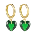 Detail of green faceted heart charms with polished gold metal earring hoops - Gold Hoop with Green Faceted Heart (31)