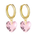 Detail view of gold-plated hoop earrings featuring pink heart-shaped crystal pendants - Gold Hoop with Pink Faceted Heart (32)
