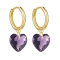 Close-up of elegant purple heart crystal pendants with golden hoop earrings on white background - Gold Hoop with Purple Faceted Heart (34)