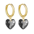 S925 silver hoop earrings with dark grey heart-shaped crystal pendants in gold finish - Gold Hoop with Smokey Gray Faceted Heart (36)