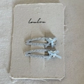 Set of silver glitter hair clips with light blue ribbon bows and silver heart charms - Silver Hollow Water Drop Heart Style