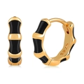 Vintage gold S925 silver hoop earrings with black enamel bamboo style design - Black & Gold