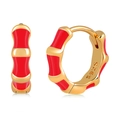 Bamboo style S925 silver hoop earrings with red enamel and gold plating for women - Rose Gold Red