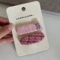 Handmade pink tweed and lace BB hair clip set with purple heart gem for girls - Pink Bow Oval Plaid Style