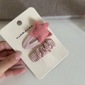 Pink star and plaid fabric hair clips set for children on beige display card - Pink Star Pair (26#)