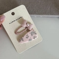 Pink satin bow hair clip set with imitation pearls and floral fabric edge clips for women - Pink Bow Floral Pearl Style