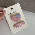 Pink tweed heart hair clip and white polka dot barrette set for girls on card - Pink Heart Oval Pair (21#)