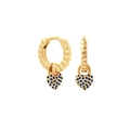 Detail showing wave-textured gold hoop with a pavé-set dark blue heart-shaped pendant - Gold Wave Hoop with Pave Black Zirconia Heart (2)