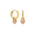 Close-up of gold hoop earrings with ribbed texture and pink crystal heart charms - Gold Textured Hoop with Pave Light Pink Zirconia Heart (7)