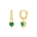 Detail of gold-plated beaded hoop earrings featuring a heart-shaped green emerald stone - Gold Beaded Huggie with Green Zirconia Heart (19)