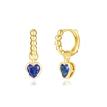 Detail of gold heart earrings with deep blue zircon gemstones and beaded hoops - Gold Beaded Huggie with Dark Blue Zirconia Heart (20)