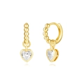 Macro detail of gold heart earrings with sparkling cubic zirconia and beaded hoop design - Gold Beaded Huggie with Clear Zirconia Heart (18)