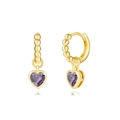 Close-up of golden beaded earrings featuring heart-shaped purple gemstone pendants - Gold Beaded Huggie with Purple Zirconia Heart (21) / Purple