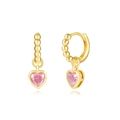 Detail of gold heart earrings with pink zircon stone and beaded hoop on white background - Gold Beaded Huggie with Pink Zirconia Heart (23) / Pink