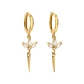 Detailed close-up of golden marquise crystal clover earrings with a polished cone drop charm - White Zirconia (Gold Tone)