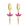 Detailed macro view of S925 huggie earrings with pink marquise stones and gold spikes - Rose Red Zirconia (Gold Plated)