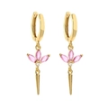 Detail of gold dangle earrings with pink marquise stones and tapered cone pendants - Gold Tone Pink Zirconia