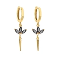 Detail of gold dangle earring featuring black marquise stones and a sharp conical pendant - Gold Tone Black Zirconia
