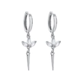 Macro detail of silver needle earrings featuring crystal petals and a conical metal drop - White Zirconia (Silver Tone)