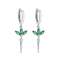 Detail view of S925 silver needle clover earrings with green marquise stones and metal cone - Green Zirconia (Platinum Plated)