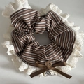 Detail of striped brown fabric scrunchie with lace edge and handmade wooden button - Khaki Striped Lace Edge Scrunchie (1#)