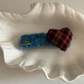 Detailed view of a handmade red plaid heart on a blue plush hair clip in a white tray - Red Heart Blue Plush Style (2# Red Gold Stripe Blue Clip)