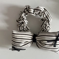 French style striped lace bow hair scrunchie with elegant black ribbon details - White Khaki Striped Bow Scrunchie (5#)