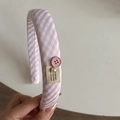Pink plaid puffy headband with button and pearl details for a stylish ponytail look - Pink Striped Headband