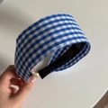 Detail view of blue and white gingham wide headband with soft fabric texture - Light Blue White Plaid