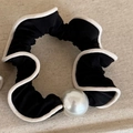 Minimalist black scrunchie with white piping and a glossy pearl bead detail - Black Hair Tie With White Pearl