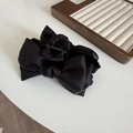 Elegant black satin ribbon bow hair claw clip with glossy silk finish for women - Black