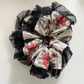 Vintage floral lace scrunchie with red roses and black mesh trim hair accessory - Black Edge Lace Floral