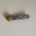 Detail view of a plaid fabric hair clip with a polished brown heart-shaped ornament - Green Striped Coffee Heart (2#)