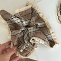 Elastico per capelli a quadretti marroni con pizzo e dettaglio fiocco di perle - Stile con Pizzo e Perla / Quadretti Tè al Latte