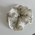 Floral print chiffon scrunchie with ruffled edges and pink blue flowers on white fabric - White Floral Scrunchie