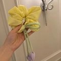 Lemon yellow tulip scrunchie with soft purple flower charms and green satin bow - Yellow