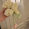 Cream tulip flower scrunchie with light green ribbon and pink bud pendant charm - Off White
