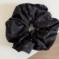 Detailed macro view of large black scrunchie with silver rhinestone embellishments - Black Rhinestone Hair Tie