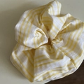 Detail showing yellow and white plaid fabric hair scrunchie with intricate embroidery - 11# Double Yellow Diagonal Striped Scrunchie