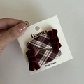 Detail of red plaid fabric hair clips with velvet bows on a handmade display card - Khaki White Stripe Teardrop Bow Hairpin