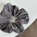 Gray velvet scrunchie hair tie with silver glitter edges for women's elegant hairstyles - Gray Flocked Hair Tie