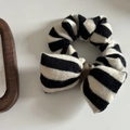 Classic black and white striped knit scrunchie with a stylish bow hair accessory - Black White Striped Basic Bow Scrunchie