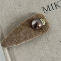 Vintage brown corduroy BB hair clip with pearl and golden embossed button detail - Water Drop Milk Tea With Champagne Pearl