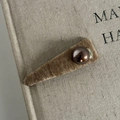 Detail view of vintage brown corduroy hair clip with large pearl bead accent - Triangle Milk Tea With Champagne Pearl