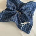 Blue tweed scrunchie with white rose charm and ribbon bow for French style hair decor - Blue Striped Kite Flower Style