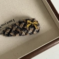 Detail of vintage brown houndstooth hair clip with a small gold bow metal accessory - Yellow Blue Stripe Drop Hair Clip Gold Bow