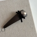 Elegant brown leather hair clip with black velvet bow and silver metallic bead - Khaki PU Triangle Style (Pearl Bow)